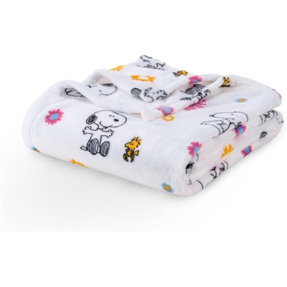 Soft Plush Blanket Peanuts Snoopy & Woodstock Floral Fun White 55 x 70 Inch - Picture 2 of 7